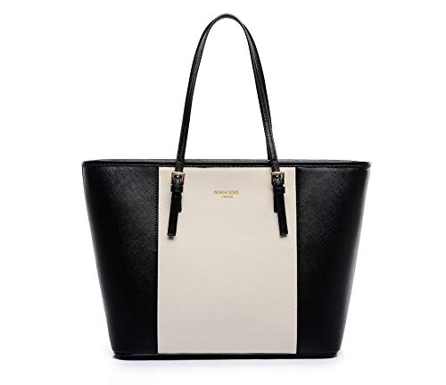 Women's shoulder bag, large capacity vertical zipper open tote bag, women's handbag (Black with white)