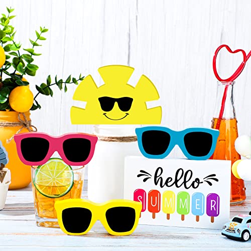 5 Pcs Summer Tiered Tray Decor Set Hello Summer Wooden Sign Sunglasses Sunshine Wood Decor Summer Table Signs Decorations for Summer Beach Holiday Party Home