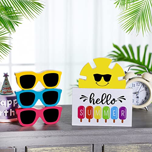 5 Pcs Summer Tiered Tray Decor Set Hello Summer Wooden Sign Sunglasses Sunshine Wood Decor Summer Table Signs Decorations for Summer Beach Holiday Party Home