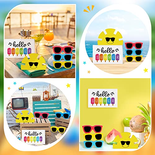 5 Pcs Summer Tiered Tray Decor Set Hello Summer Wooden Sign Sunglasses Sunshine Wood Decor Summer Table Signs Decorations for Summer Beach Holiday Party Home