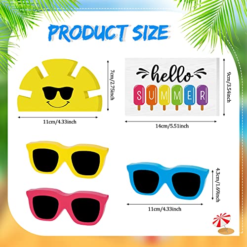 5 Pcs Summer Tiered Tray Decor Set Hello Summer Wooden Sign Sunglasses Sunshine Wood Decor Summer Table Signs Decorations for Summer Beach Holiday Party Home