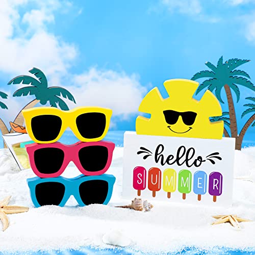 5 Pcs Summer Tiered Tray Decor Set Hello Summer Wooden Sign Sunglasses Sunshine Wood Decor Summer Table Signs Decorations for Summer Beach Holiday Party Home