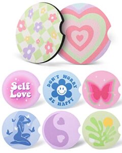 huray rayho 8pcs danish pastel car coasters 2.75inch car cup holders non-slip rubber car coasters with finger notch drinks coasters aesthetic smiling face flower preppy boho cute accessories for women