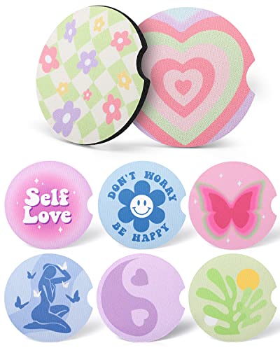 Huray Rayho 8pcs Danish Pastel Car Coasters 2.75inch Car Cup Holders Non-Slip Rubber Car Coasters with Finger Notch Drinks Coasters Aesthetic Smiling Face Flower Preppy Boho Cute Accessories for Women