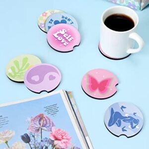 Huray Rayho 8pcs Danish Pastel Car Coasters 2.75inch Car Cup Holders Non-Slip Rubber Car Coasters with Finger Notch Drinks Coasters Aesthetic Smiling Face Flower Preppy Boho Cute Accessories for Women