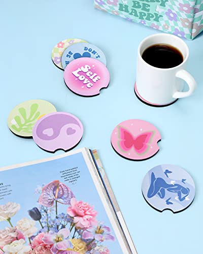 Huray Rayho 8pcs Danish Pastel Car Coasters 2.75inch Car Cup Holders Non-Slip Rubber Car Coasters with Finger Notch Drinks Coasters Aesthetic Smiling Face Flower Preppy Boho Cute Accessories for Women