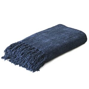 bangya navy chenille throw blanket soft cozy woven fringe tassel throw for sofa couch bed living room (navy,50″ x 60″)