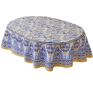 home bargains plus provence allure arabesque yellow and blue floral bordered country french fabric tablecloth, indoor outdoor, stain and water resistant 60″ x 102″ oval