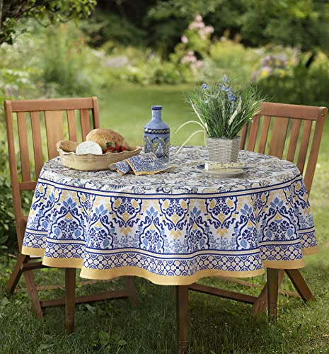 Home Bargains Plus Provence Allure Arabesque Yellow and Blue Floral Bordered Country French Fabric Tablecloth, Indoor Outdoor, Stain and Water Resistant 60" x 102" Oval