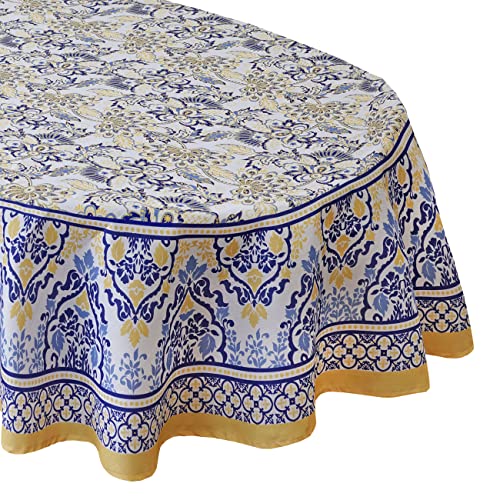 Home Bargains Plus Provence Allure Arabesque Yellow and Blue Floral Bordered Country French Fabric Tablecloth, Indoor Outdoor, Stain and Water Resistant 60" x 102" Oval