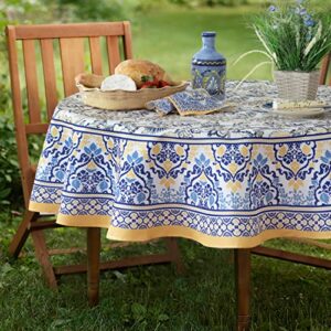 Home Bargains Plus Provence Allure Arabesque Yellow and Blue Floral Bordered Country French Fabric Tablecloth, Indoor Outdoor, Stain and Water Resistant 60" x 102" Oval