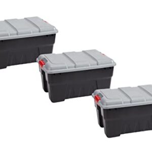Rubbermaid Pack & Go 14 Gal Storage Tote, Durable Design and Easy to Transport, Built-In Handles, Tie Down Channels and Lockable Snap Tight Lid, Black Base with Gray Lid and Red Handles, Pack of 3