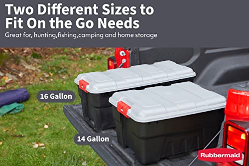Rubbermaid Pack & Go 14 Gal Storage Tote, Durable Design and Easy to Transport, Built-In Handles, Tie Down Channels and Lockable Snap Tight Lid, Black Base with Gray Lid and Red Handles, Pack of 3