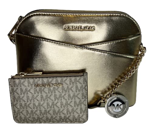 Michael Kors MICHAEL Michael Kors Jet Set Travel MD Dome XCross Crossbody bundled with SM TZ Coinpouch Purse Hook (Pale Gold/Signature Pale Gold)