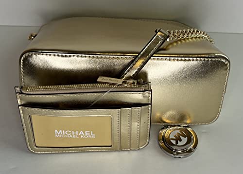 Michael Kors MICHAEL Michael Kors Jet Set Travel MD Dome XCross Crossbody bundled with SM TZ Coinpouch Purse Hook (Pale Gold/Signature Pale Gold)