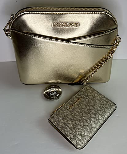 Michael Kors MICHAEL Michael Kors Jet Set Travel MD Dome XCross Crossbody bundled with SM TZ Coinpouch Purse Hook (Pale Gold/Signature Pale Gold)