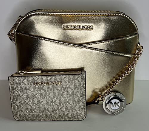 Michael Kors MICHAEL Michael Kors Jet Set Travel MD Dome XCross Crossbody bundled with SM TZ Coinpouch Purse Hook (Pale Gold/Signature Pale Gold)