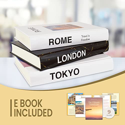 3 Piece Decorative Books for Home Decor, Modern Hardcover Book Stack, Decor Books for Coffee Table, Faux Books for Bookshelf, Perfect Home Gift, Travel Inspired E-Book (Rome/Tokyo/London)