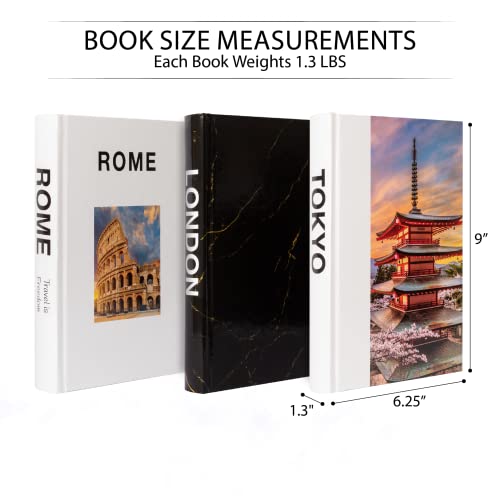 3 Piece Decorative Books for Home Decor, Modern Hardcover Book Stack, Decor Books for Coffee Table, Faux Books for Bookshelf, Perfect Home Gift, Travel Inspired E-Book (Rome/Tokyo/London)