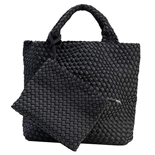 State of Bliss Onyx Neoprene Woven Hobo Tote with Top Handle and Detachable Woven Wristlet Clutch - Lightweight, Water-resistant, and Spacious Designer Lookalike Tote Bag for Beach, Gym, and Travel