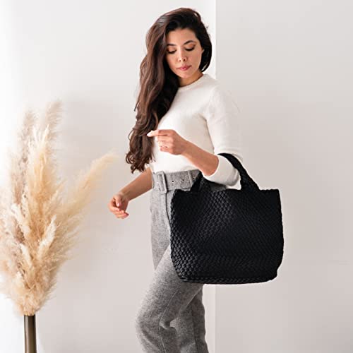 State of Bliss Onyx Neoprene Woven Hobo Tote with Top Handle and Detachable Woven Wristlet Clutch - Lightweight, Water-resistant, and Spacious Designer Lookalike Tote Bag for Beach, Gym, and Travel