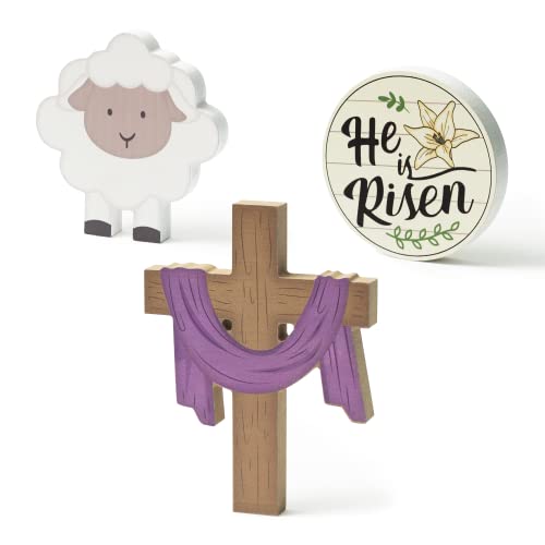 WATINC 3Pcs He is Risen Easter Table Decor Religious Tiered Tray Sign, Jesus Christian Wooden Signs Tabletop Decoration, Double-sided Christ Cross Wood Centerpiece Desk Topper for Easter Spring Party