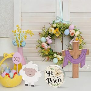 WATINC 3Pcs He is Risen Easter Table Decor Religious Tiered Tray Sign, Jesus Christian Wooden Signs Tabletop Decoration, Double-sided Christ Cross Wood Centerpiece Desk Topper for Easter Spring Party