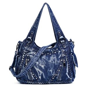 YeFine Washed Denim Fabric Hobo Bags For Women Rhinestone Decoration Lady's Purses And Handbags Shoulder Bags (Rhinestone Blue)