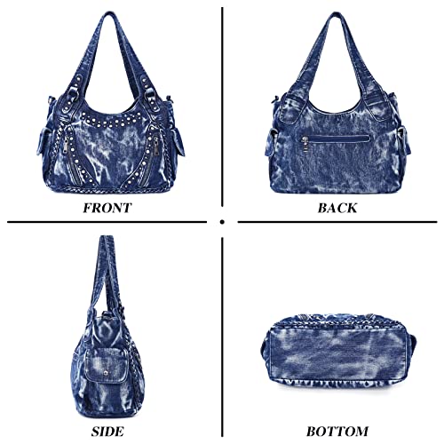 YeFine Washed Denim Fabric Hobo Bags For Women Rhinestone Decoration Lady's Purses And Handbags Shoulder Bags (Rhinestone Blue)