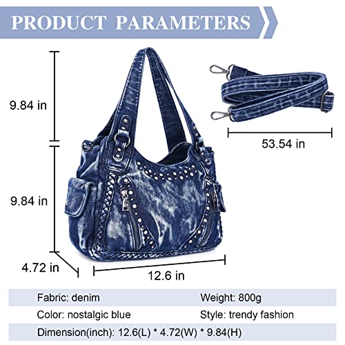 YeFine Washed Denim Fabric Hobo Bags For Women Rhinestone Decoration Lady's Purses And Handbags Shoulder Bags (Rhinestone Blue)