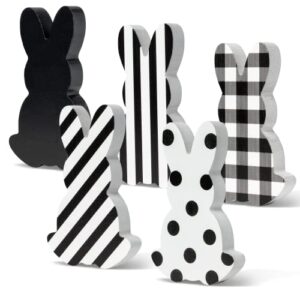 watinc 5pcs easter bunny table decor tiered tray sign, black & white rabbit wooden signs tabletop decorations, double-sided wood centerpiece desk topper for easter spring holiday party gift supplies