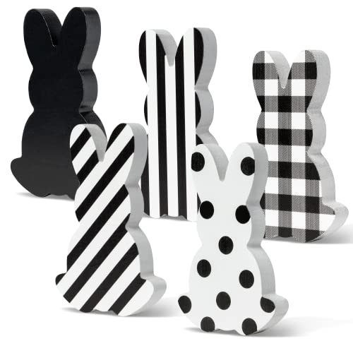 WATINC 5Pcs Easter Bunny Table Decor Tiered Tray Sign, Black & White Rabbit Wooden Signs Tabletop Decorations, Double-sided Wood Centerpiece Desk Topper for Easter Spring Holiday Party Gift Supplies