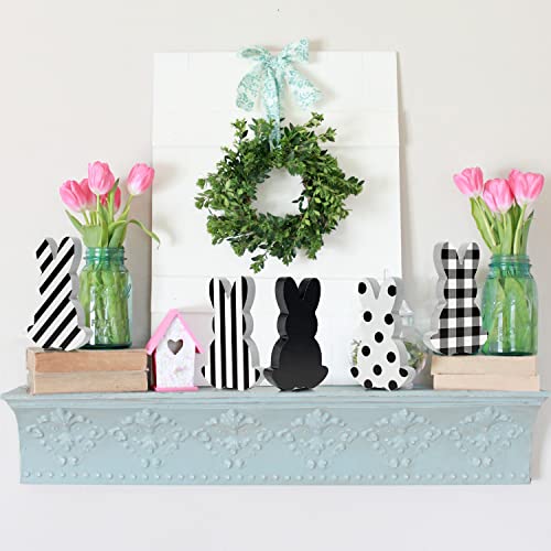 WATINC 5Pcs Easter Bunny Table Decor Tiered Tray Sign, Black & White Rabbit Wooden Signs Tabletop Decorations, Double-sided Wood Centerpiece Desk Topper for Easter Spring Holiday Party Gift Supplies