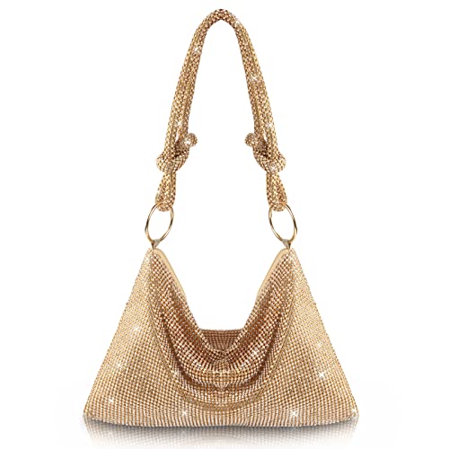 AOYUNHUI Rhinestone Hobo Bag for Women Shoulder Handbags Evening Bling Hobo Bag Evening Purse Rhinestone Clutch Purses for Women Crystal Evening Clutch Bag for Wedding Reception Prom Reunion-Gold