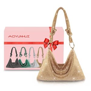 AOYUNHUI Rhinestone Hobo Bag for Women Shoulder Handbags Evening Bling Hobo Bag Evening Purse Rhinestone Clutch Purses for Women Crystal Evening Clutch Bag for Wedding Reception Prom Reunion-Gold