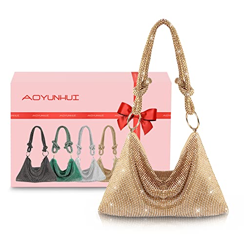 AOYUNHUI Rhinestone Hobo Bag for Women Shoulder Handbags Evening Bling Hobo Bag Evening Purse Rhinestone Clutch Purses for Women Crystal Evening Clutch Bag for Wedding Reception Prom Reunion-Gold