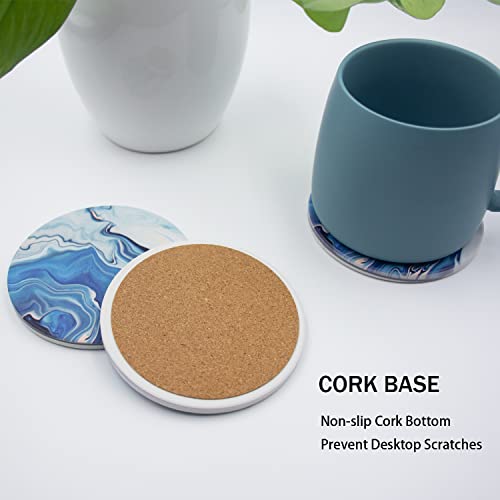 Warmroom Absorbent Drinks Coasters with Gold Holder and Cork Base Set of 6 Round Blue White Marble Style Coasters Decorative Tabletop Protection for Bar Kitchen Home and Dining Room Decor