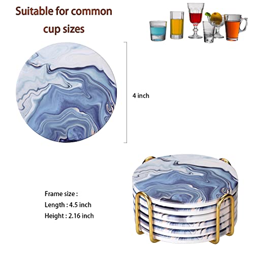 Warmroom Absorbent Drinks Coasters with Gold Holder and Cork Base Set of 6 Round Blue White Marble Style Coasters Decorative Tabletop Protection for Bar Kitchen Home and Dining Room Decor