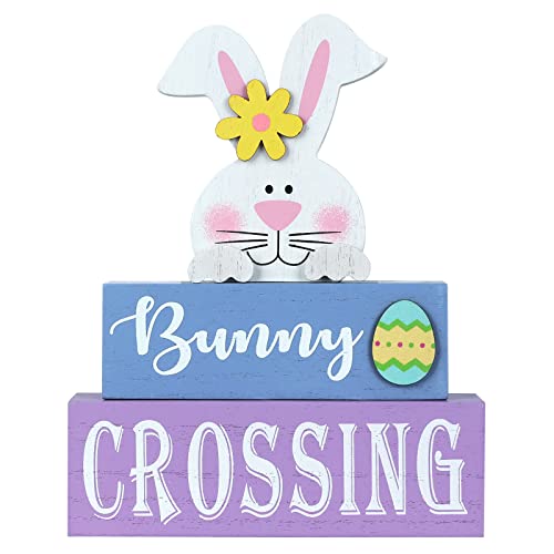 Easter Decorations for the Home, hogardeck Rustic Bunny Crossing Wood Sign 3-layer Wooden Egg Block Signs Table Centerpiece Farmhouse Easter Bunny Decor for Mantle Tabletop Tiered Tray Party