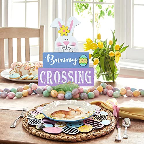 Easter Decorations for the Home, hogardeck Rustic Bunny Crossing Wood Sign 3-layer Wooden Egg Block Signs Table Centerpiece Farmhouse Easter Bunny Decor for Mantle Tabletop Tiered Tray Party