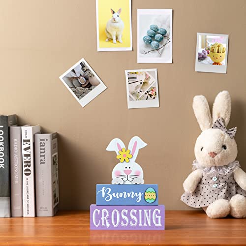 Easter Decorations for the Home, hogardeck Rustic Bunny Crossing Wood Sign 3-layer Wooden Egg Block Signs Table Centerpiece Farmhouse Easter Bunny Decor for Mantle Tabletop Tiered Tray Party