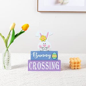 Easter Decorations for the Home, hogardeck Rustic Bunny Crossing Wood Sign 3-layer Wooden Egg Block Signs Table Centerpiece Farmhouse Easter Bunny Decor for Mantle Tabletop Tiered Tray Party