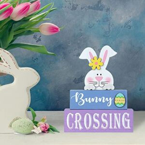 Easter Decorations for the Home, hogardeck Rustic Bunny Crossing Wood Sign 3-layer Wooden Egg Block Signs Table Centerpiece Farmhouse Easter Bunny Decor for Mantle Tabletop Tiered Tray Party