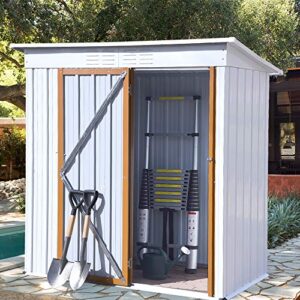 emkk 5 x 3 ft outdoor storage shed, galvanized metal garden shed with lockable doors, tool for patio lawn backyard trash cans,metal sheds lawn, white