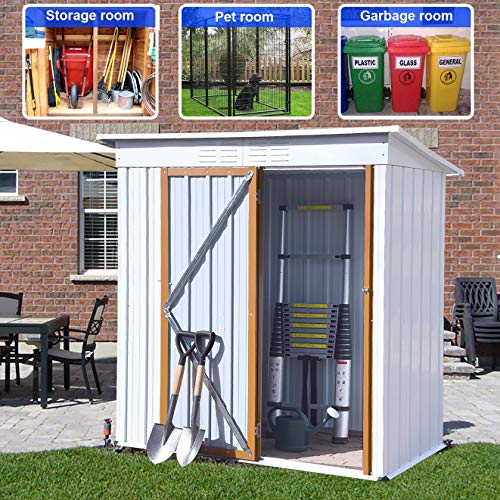 EMKK 5 X 3 Ft Outdoor Storage Shed, Galvanized Metal Garden Shed with Lockable Doors, Tool for Patio Lawn Backyard Trash Cans,Metal Sheds Lawn, White