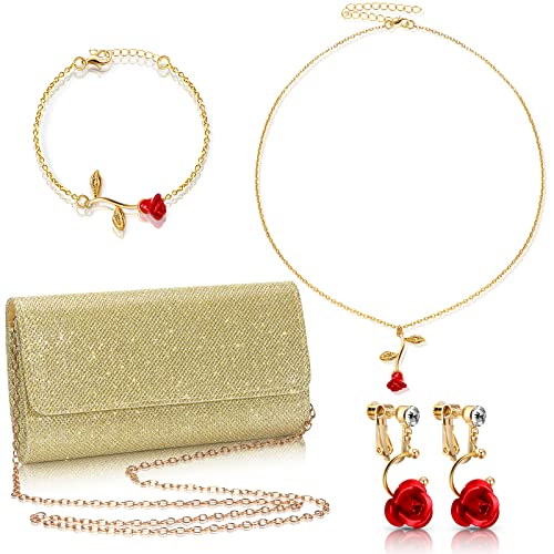 3 Pcs Women Red Rose Jewelry Set Gold Evening Bag Clutch Purses 18K Gold Plated Necklace Earrings Evening Party Handbag Wedding Bag for Women Gift