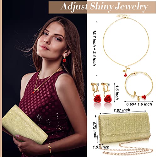 3 Pcs Women Red Rose Jewelry Set Gold Evening Bag Clutch Purses 18K Gold Plated Necklace Earrings Evening Party Handbag Wedding Bag for Women Gift