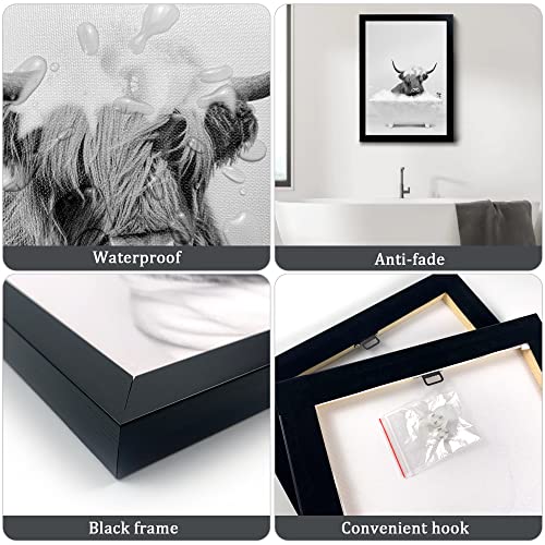 Black Framed Bathroom Decor - Funny Highland Cow Wall Art in Bathtub, Black and White Canvas Cow In Bathroom Picture, Humor Animals Bathroom Artwork Prints, Rustic Farmhouse Style Wall Decor Ready To Hang for Living Room, Bathroom, Bedroom, Kids Bathroom