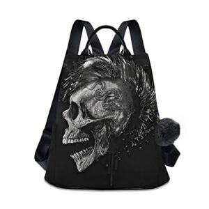 nfmili punk skull women casual backpack anti theft school travel daily daypacks 15 inch modern simple purse with fuzz ball key chain