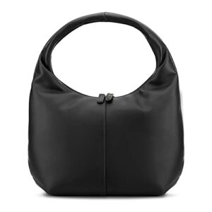 puffer hobo bag, women leather shoulder bag handbags winter soft padded tote purse, black